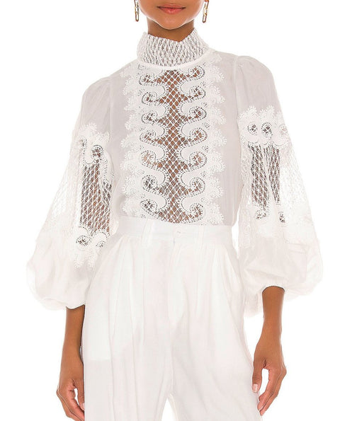 Lace Long Sleeve High Neckline Top