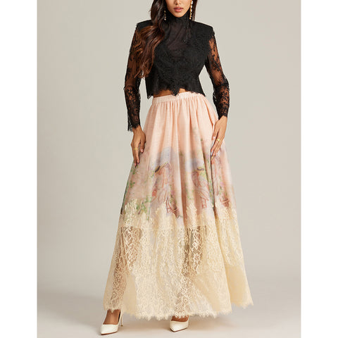 Floral Lace Long Sleeve Top ＆ High Waist Midi Skirt Set