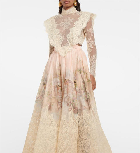 Floral Lace Long Sleeve Top ＆ High Waist Midi Skirt Set