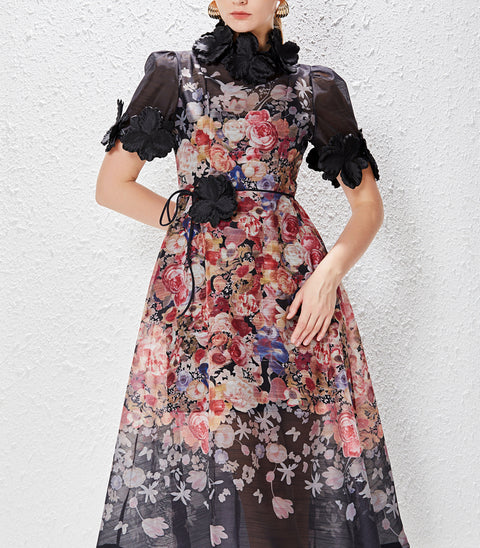 Floral Round Neck Lace Up Short Sleeve Midi Dress