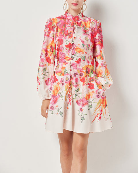 Long Sleeve Printed Dress with Belt