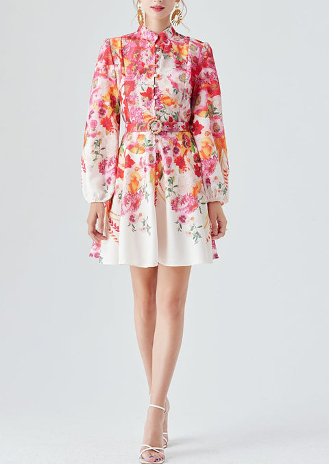 Long Sleeve Printed Dress with Belt