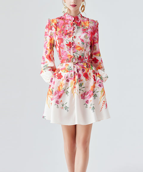 Long Sleeve Printed Dress with Belt