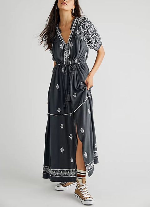 Cotton Embroidered Strappy Long Dress