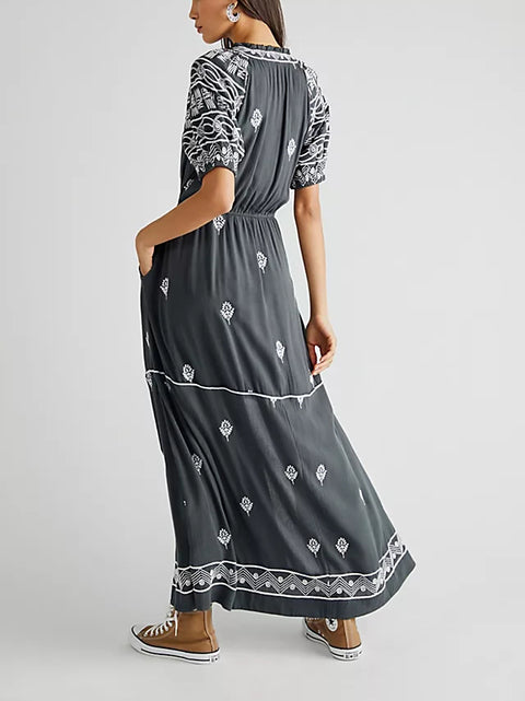 Cotton Embroidered Strappy Long Dress
