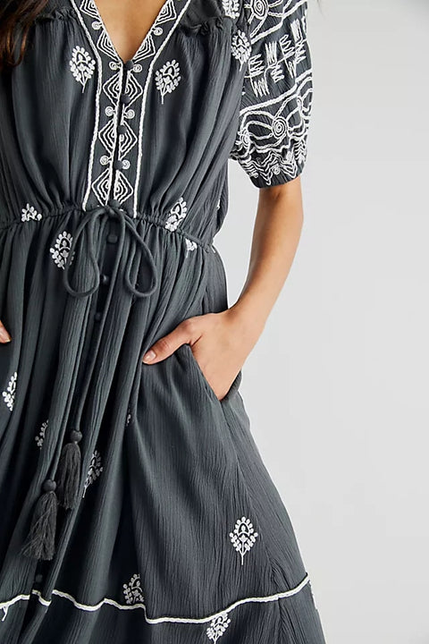 Cotton Embroidered Strappy Long Dress