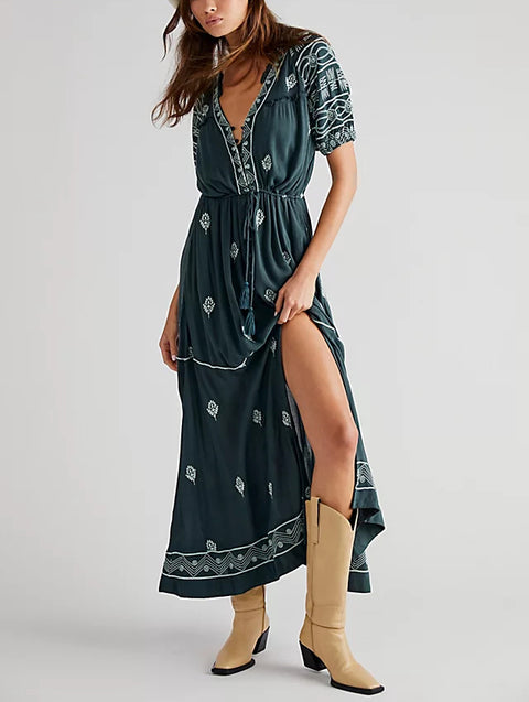 Cotton Embroidered Strappy Long Dress