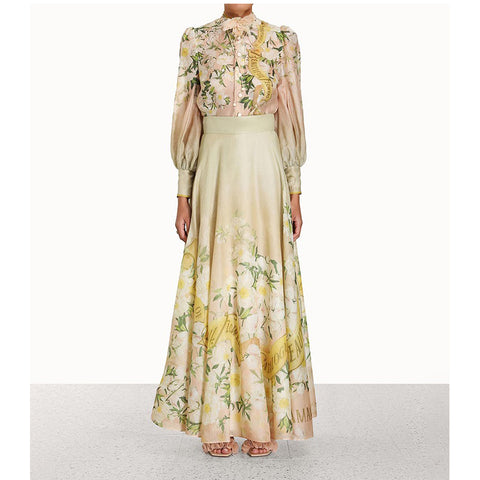 Floral Lace Long Sleeve Top ＆ High Waist Midi Skirt Set