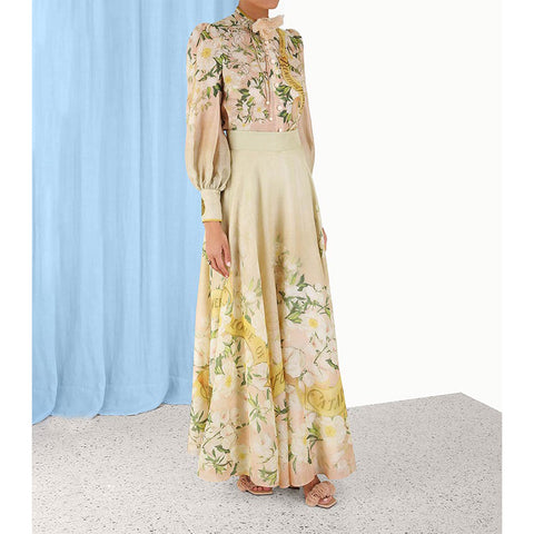Floral Lace Long Sleeve Top ＆ High Waist Midi Skirt Set