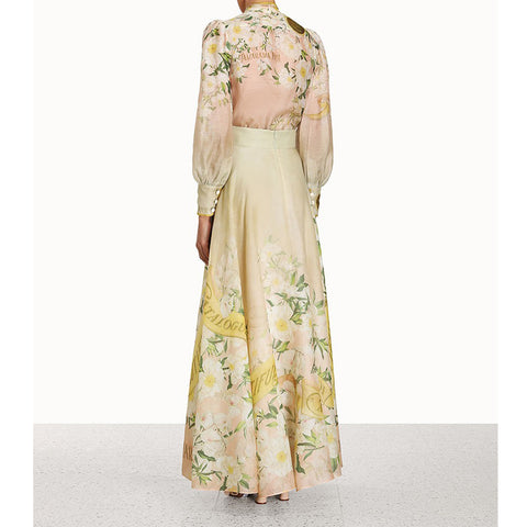 Floral Lace Long Sleeve Top ＆ High Waist Midi Skirt Set