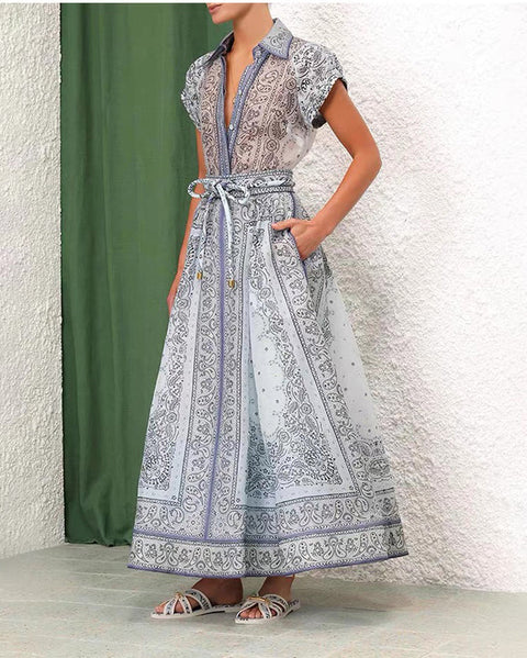 Floral V Collar Top ＆ High Waist Maxi Skirt Set 2 piece