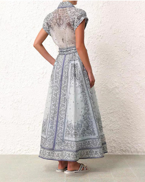 Floral V Collar Top ＆ High Waist Maxi Skirt Set 2 piece