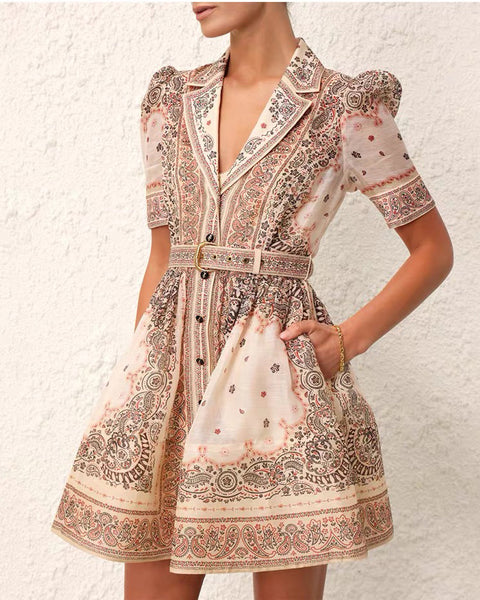 Floral V Collar Mini Dress+Belt