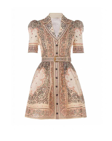 Floral V Collar Mini Dress+Belt