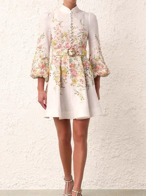 Print Stand-up collar lantern sleeves Dress