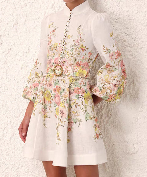 Print Stand-up collar lantern sleeves Dress