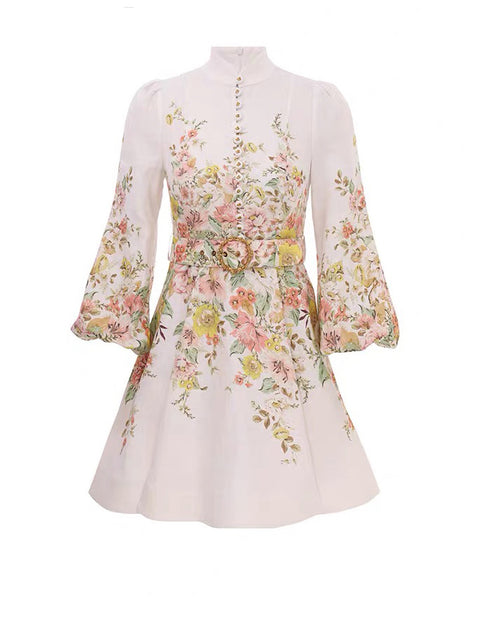 Print Stand-up collar lantern sleeves Dress