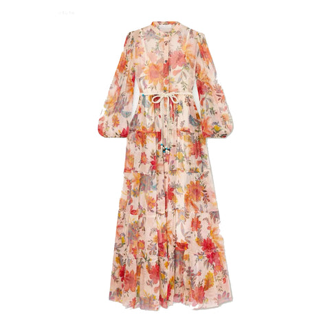 Floral Button Long Sleeve Midi Dress With Belt