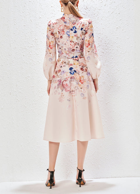 Printed Long-Sleeved Dress With Belt