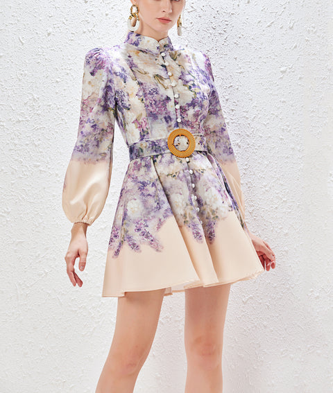 Long Sleeve Printed Mini Dress with Belt