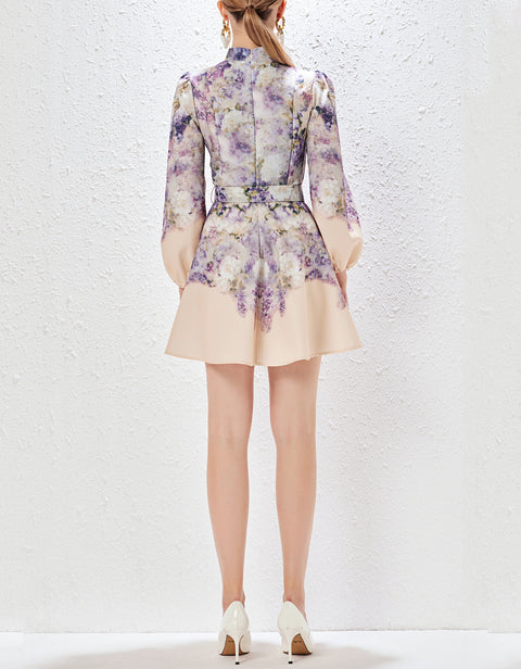 Long Sleeve Printed Mini Dress with Belt