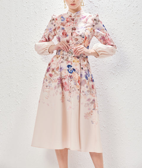 Printed Long-Sleeved Dress With Belt