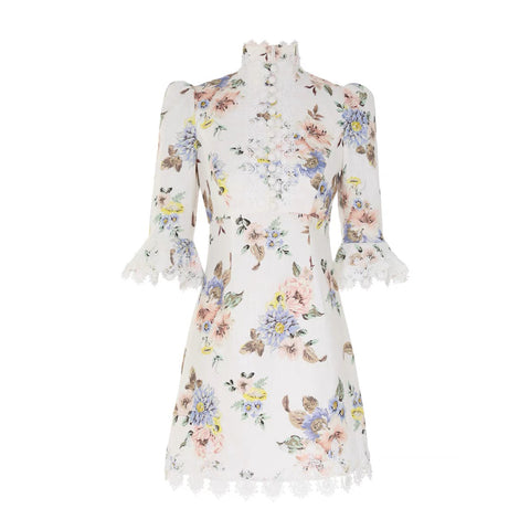 Floral Lace Button Long Sleeve Mini Dress