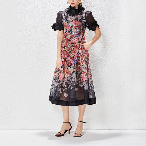 Floral Round Neck Lace Up Short Sleeve Midi Dress
