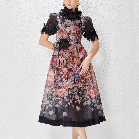 Floral Round Neck Lace Up Short Sleeve Midi Dress