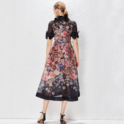 Floral Round Neck Lace Up Short Sleeve Midi Dress
