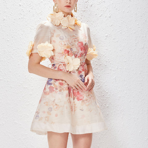 Floral Round Neck Lace Up Short Sleeve Mini Dress