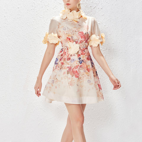 Floral Round Neck Lace Up Short Sleeve Mini Dress
