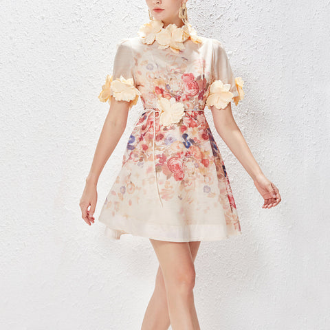 Floral Round Neck Lace Up Short Sleeve Mini Dress