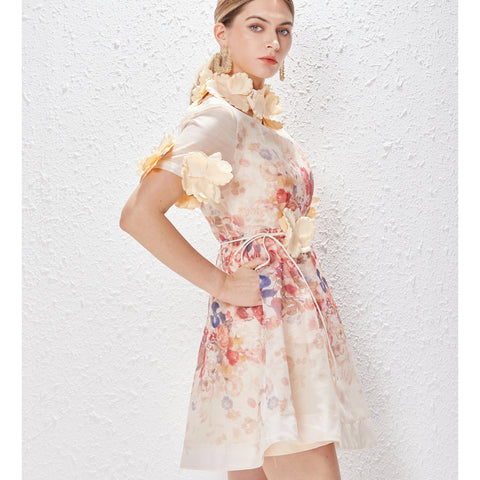 Floral Round Neck Lace Up Short Sleeve Mini Dress