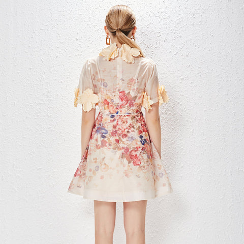 Floral Round Neck Lace Up Short Sleeve Mini Dress