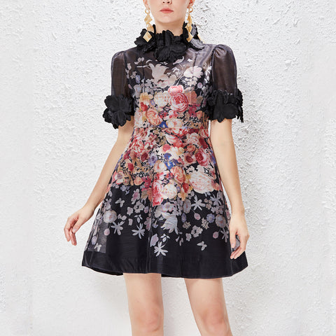 Floral Round Neck Lace Up Short Sleeve Mini Dress
