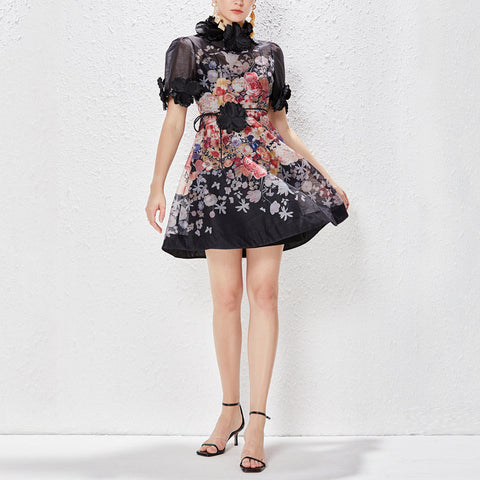 Floral Round Neck Lace Up Short Sleeve Mini Dress