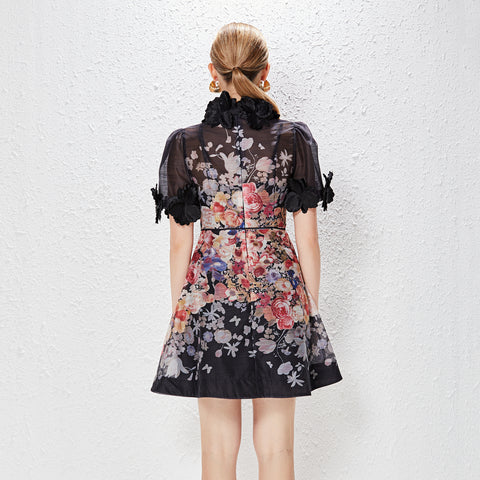 Floral Round Neck Lace Up Short Sleeve Mini Dress