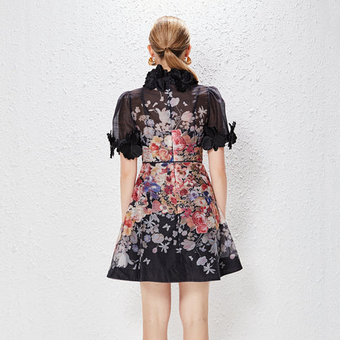 Floral Round Neck Lace Up Short Sleeve Mini Dress