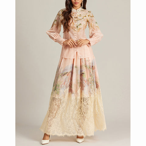 Floral Lace Long Sleeve Top ＆ High Waist Maxi Skirt Set