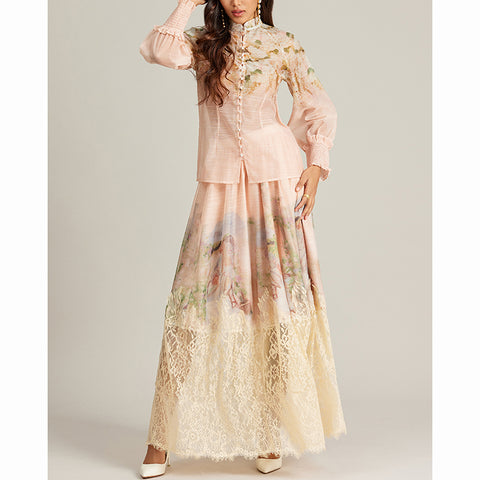 Floral Lace Long Sleeve Top ＆ High Waist Maxi Skirt Set