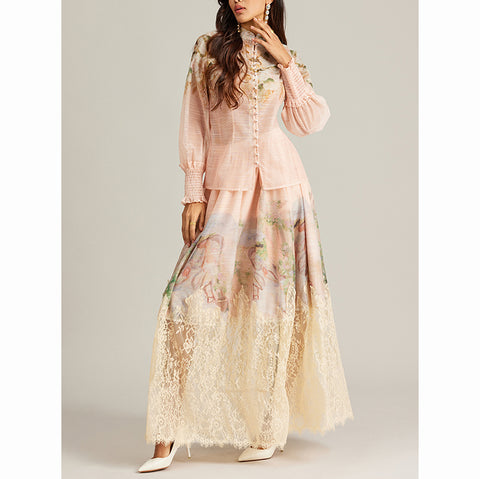 Floral Lace Long Sleeve Top ＆ High Waist Maxi Skirt Set