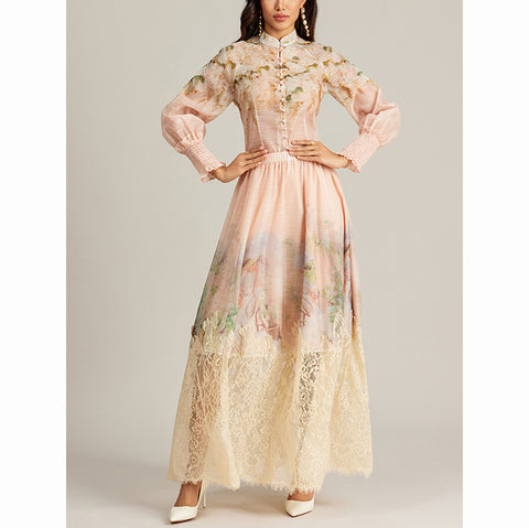 Floral Lace Long Sleeve Top ＆ High Waist Maxi Skirt Set