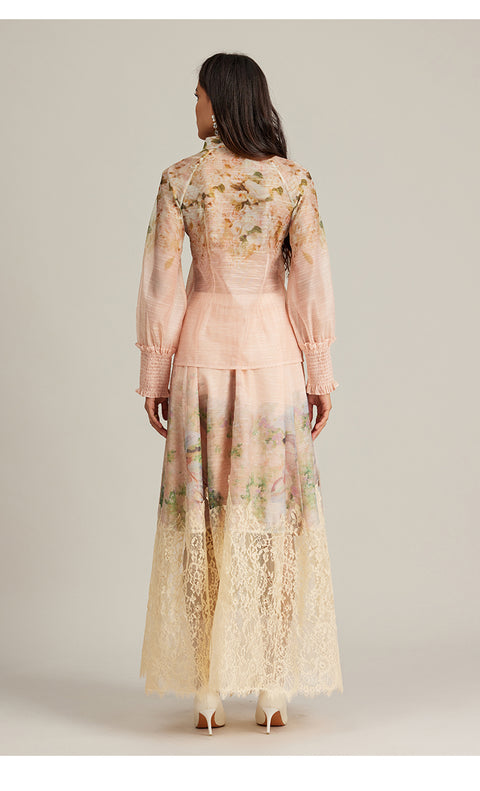 Floral Lace Long Sleeve Top ＆ High Waist Maxi Skirt Set