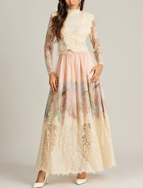 Floral Lace Long Sleeve Top ＆ High Waist Midi Skirt Set