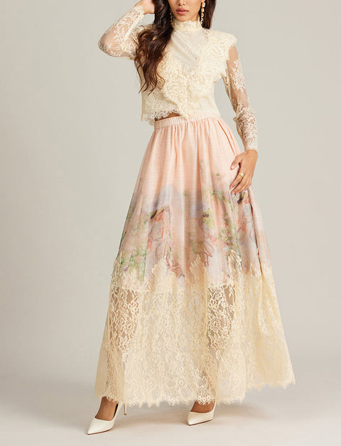 Floral Lace Long Sleeve Top ＆ High Waist Midi Skirt Set