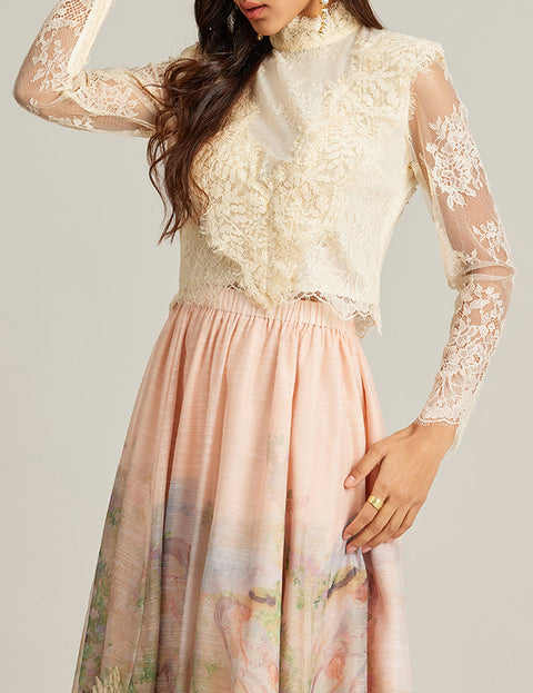 Floral Lace Long Sleeve Top ＆ High Waist Midi Skirt Set