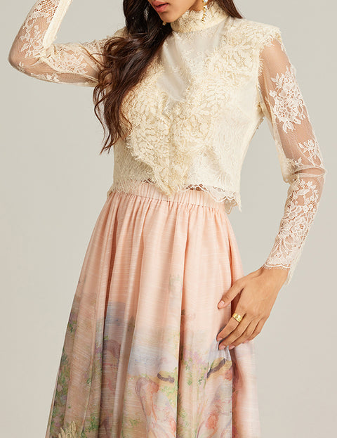 Floral Lace Long Sleeve Top ＆ High Waist Midi Skirt Set