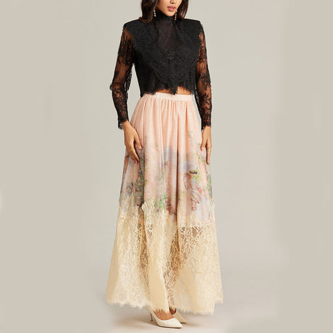 Floral Lace Long Sleeve Top ＆ High Waist Midi Skirt Set