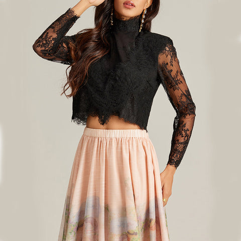 Floral Lace Long Sleeve Top ＆ High Waist Midi Skirt Set